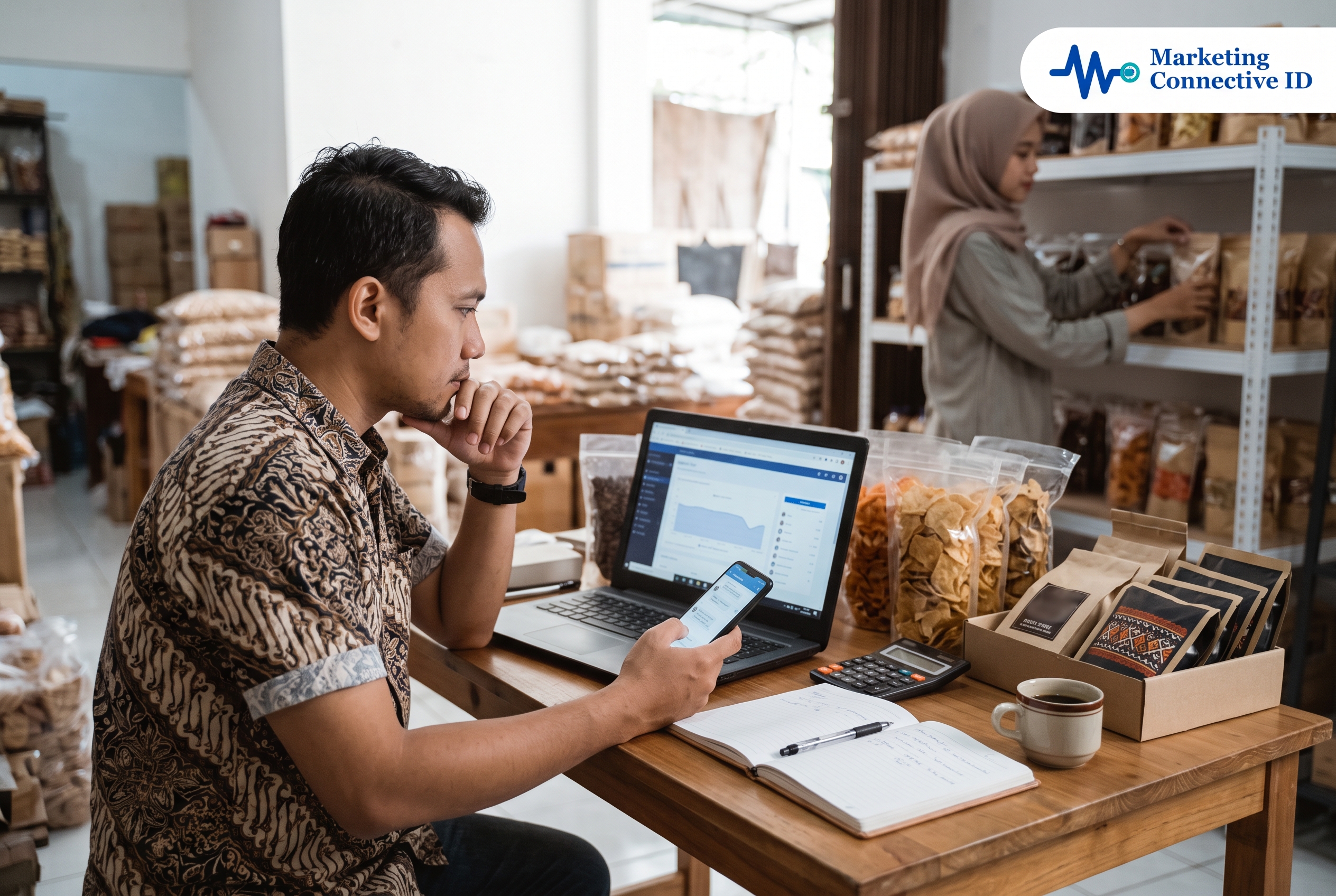 Pemilik UKM mencatat rencana transformasi digital di dekat laptop.