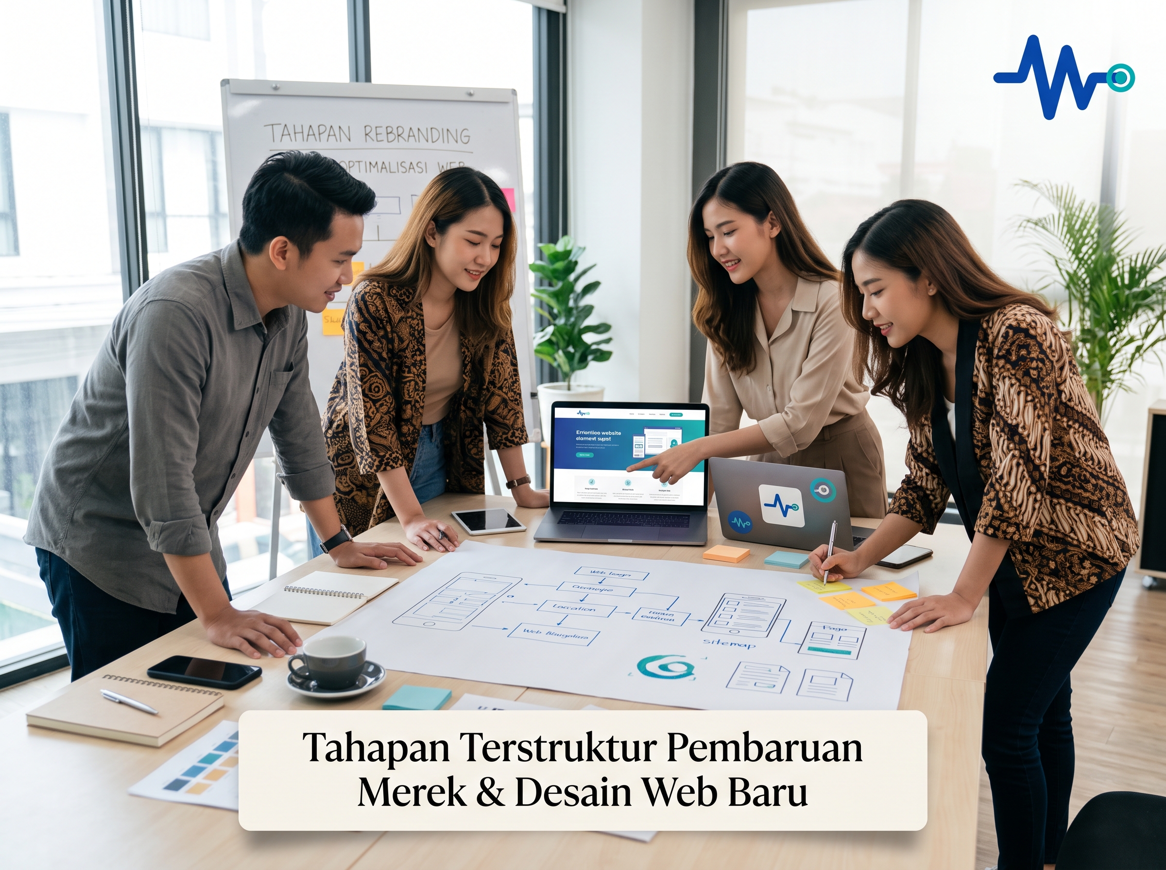 Tim bisnis berdiskusi merancang strategi pembaruan identitas merek.