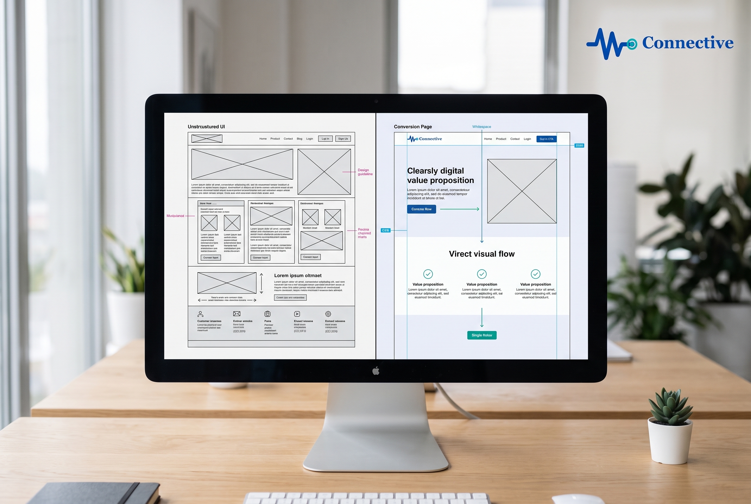 Split-screen wireframe mockup comparing cluttered and clean website layouts.