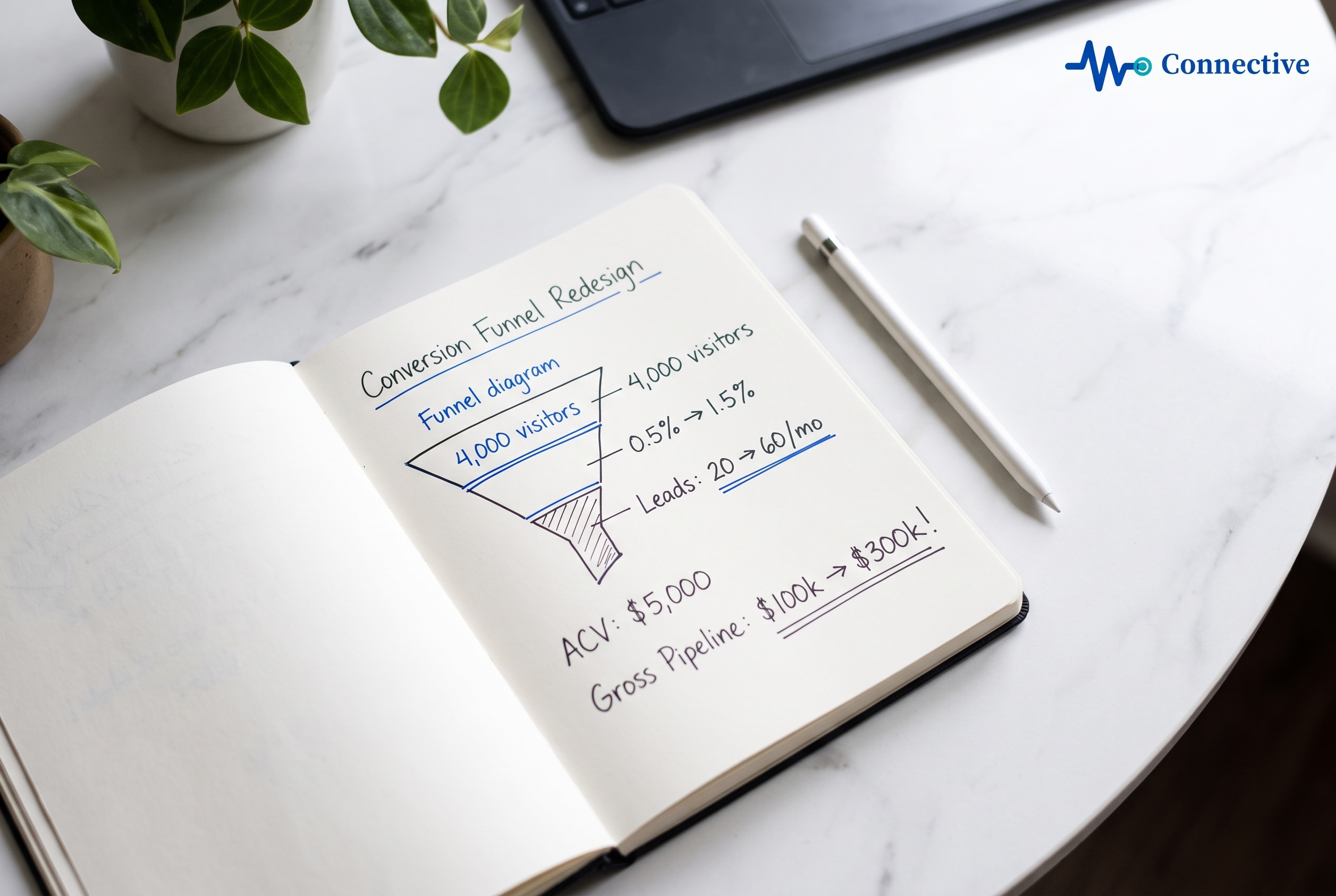 Notebook showing financial funnel calculations on a white marble desk.